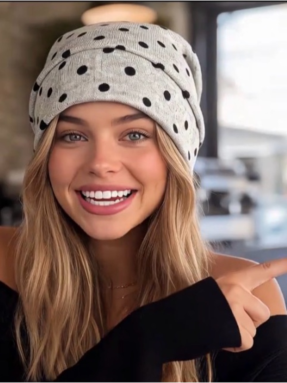 Polka Dot Slouch Beanie Hats - Light Gray and Black
